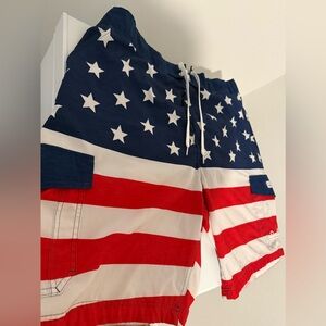 Wave Zone Cargo Board Shorts Men XXL Red White Blue American Flag Swim Trunk…